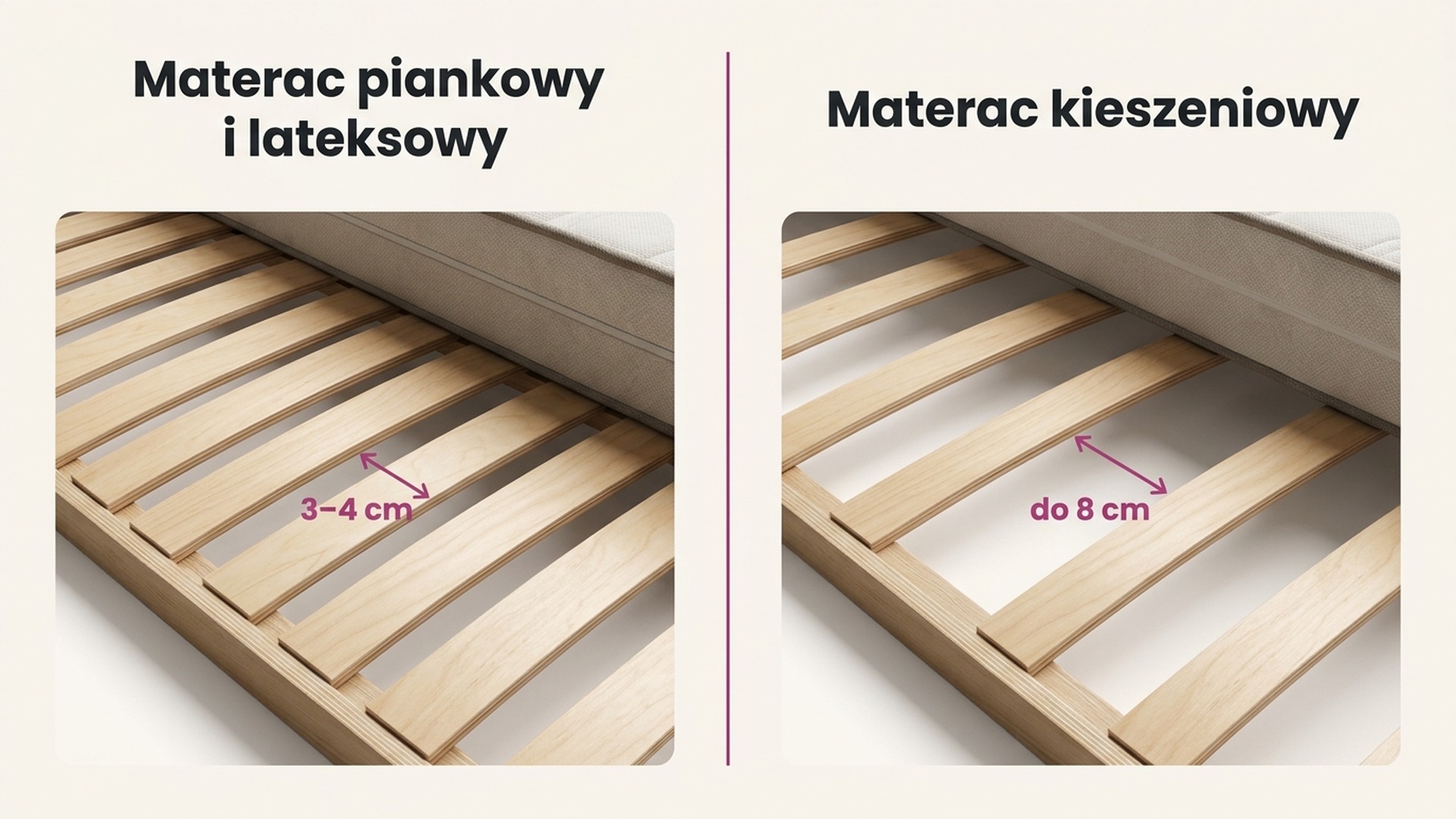 Porównanie rozstawu listew stelaża — gęsty rozstaw 3-4 cm pod materac piankowy i lateksowy, rozstaw do 8 cm pod materac kieszeniowy